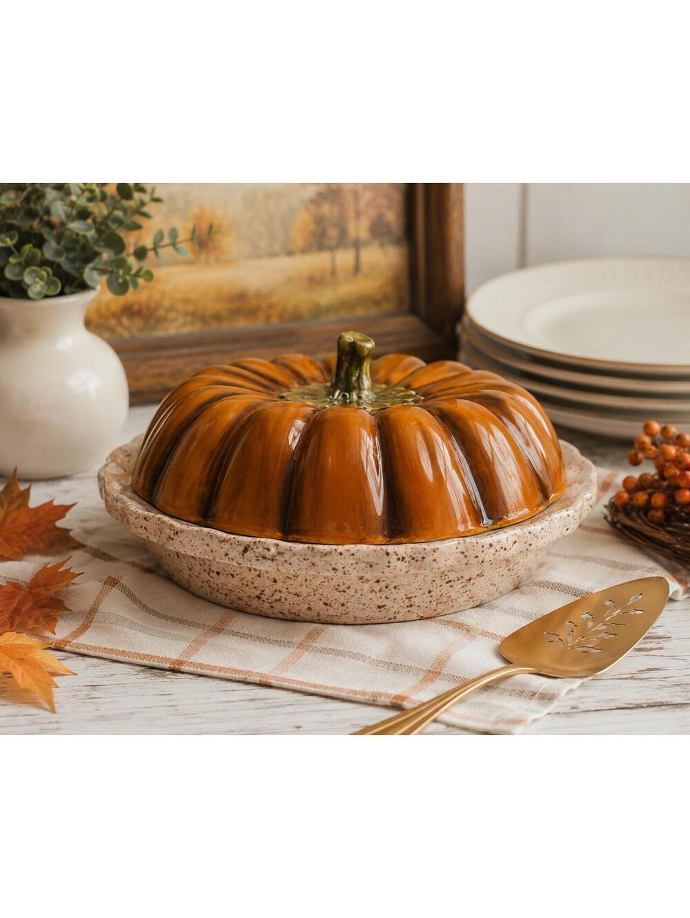 Vintage Pumpkin Pie Covered Ceramic Dish w/ Lid Farmhouse Kitchen Decor